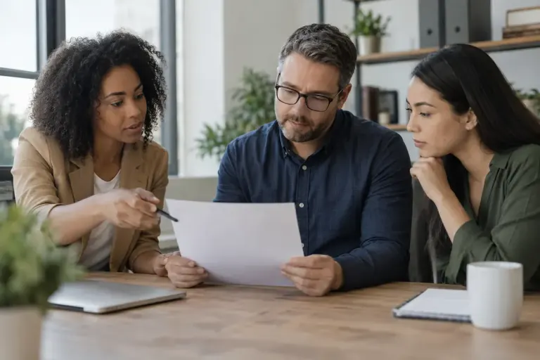 Three colleagues wearing different appropriate work outfits discussing a plain policy sheet.