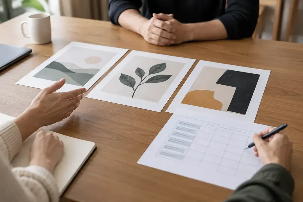 Three anonymised blank work samples laid beside a simple assessment sheet on a meeting table.