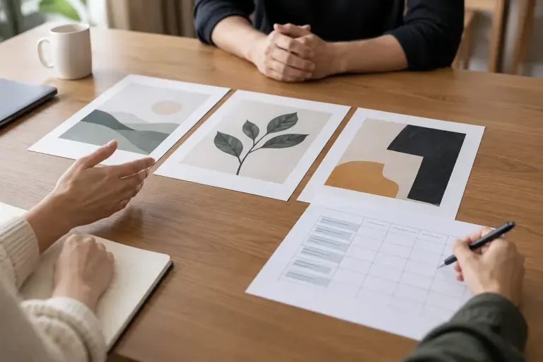 Three anonymised blank work samples laid beside a simple assessment sheet on a meeting table.