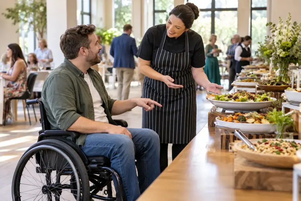 An adult wheelchair user and a catering host discussing food choices beside an accessible buffet with a clear wide route in a community venue.
