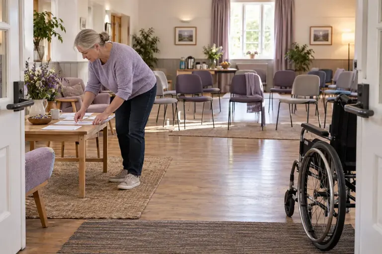 An organiser preparing a community hall with a clear doorway and flexible seating.
