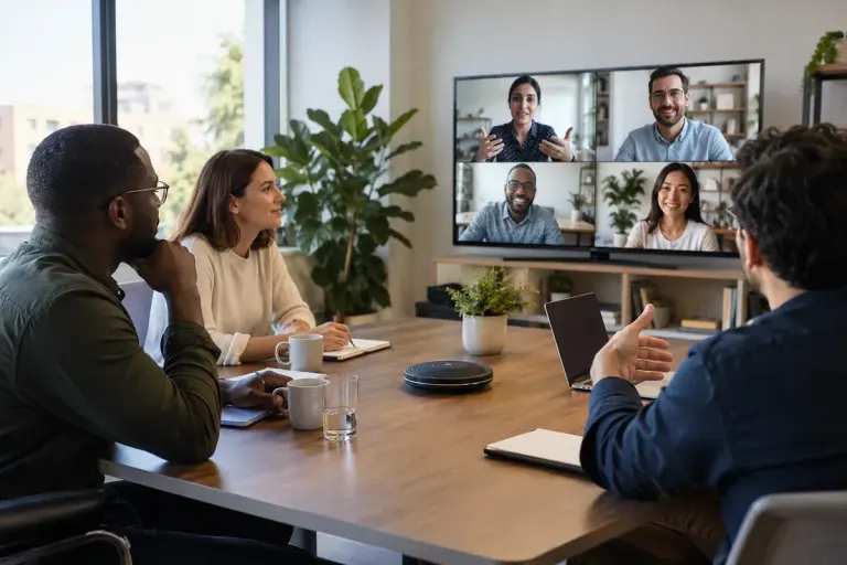 Small meeting with in-room colleagues facing a screen showing remote participants, clear speaker microphone at centre.