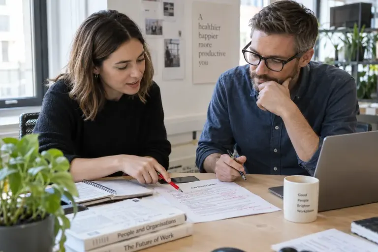 Two colleagues editing a job advertisement together at a bright office table, marked-up printed text, collaborative ordinary scene.