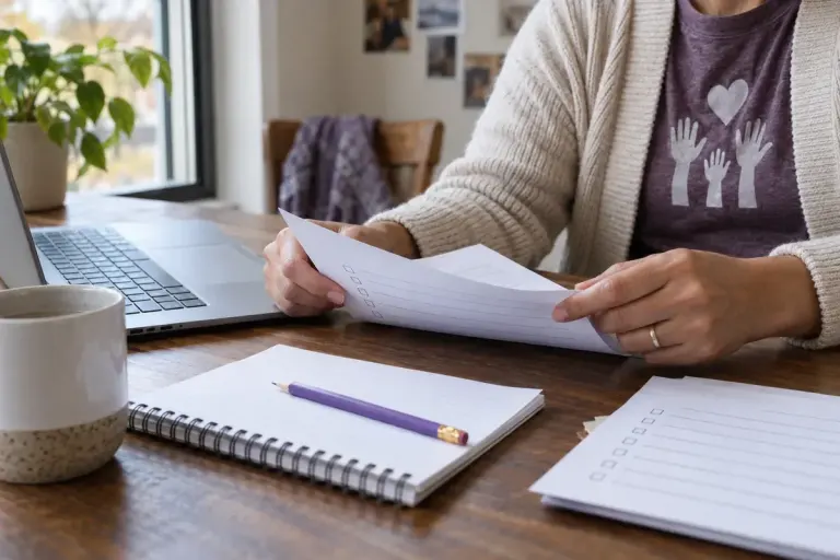 Hands reviewing a simple registration sheet beside a laptop and purple notebook.