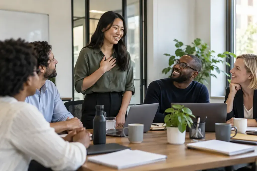 Colleagues making space for a participant to speak in a meeting.