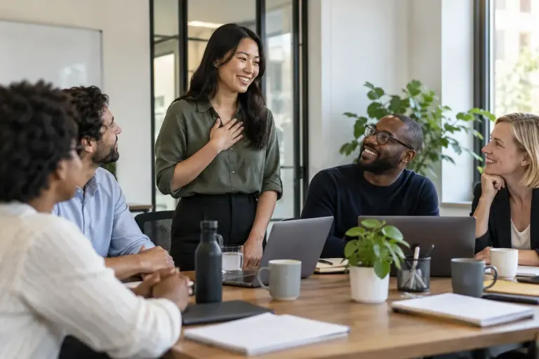 Colleagues making space for a participant to speak in a meeting.