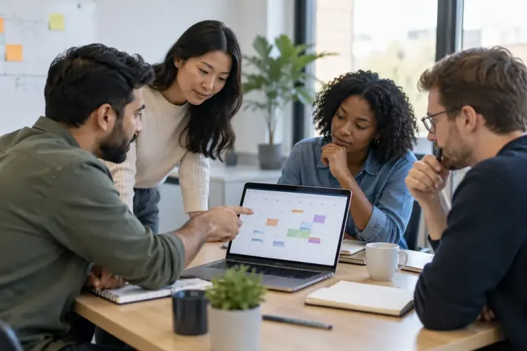 A diverse small team discussing a shared calendar in a bright meeting room.