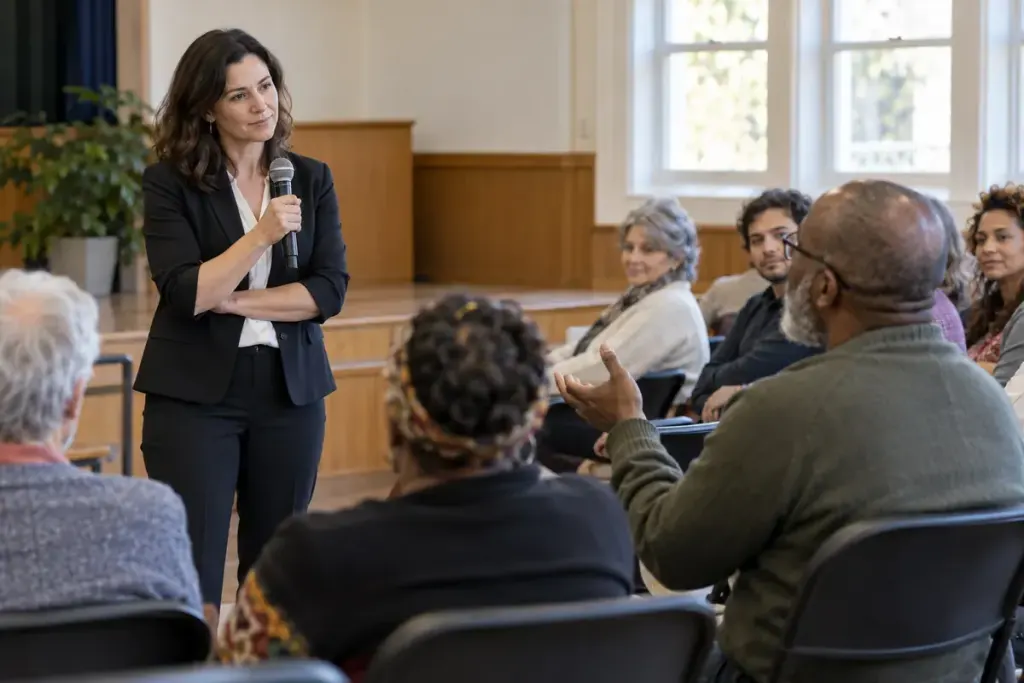 A community speaker holding a microphone and listening to an audience member in a modest meeting hall.