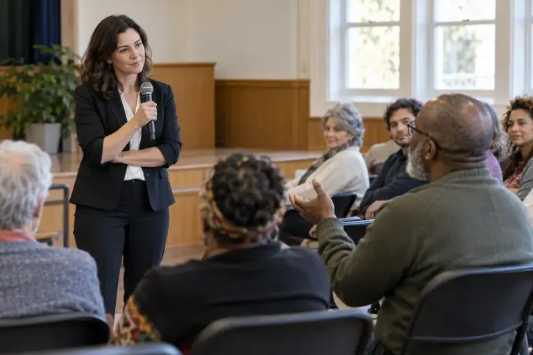 A community speaker holding a microphone and listening to an audience member in a modest meeting hall.